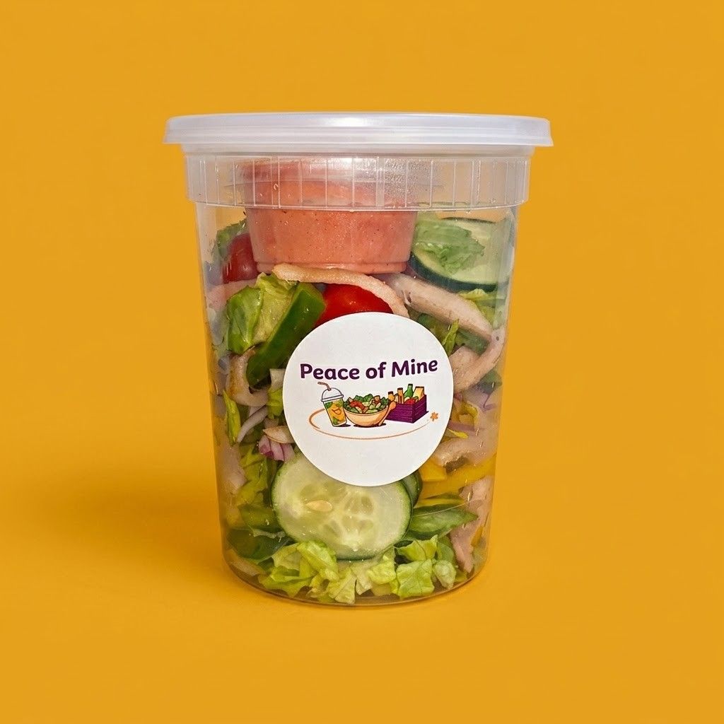 Side salad in a Peace of Mine to-go cup with dressing on top